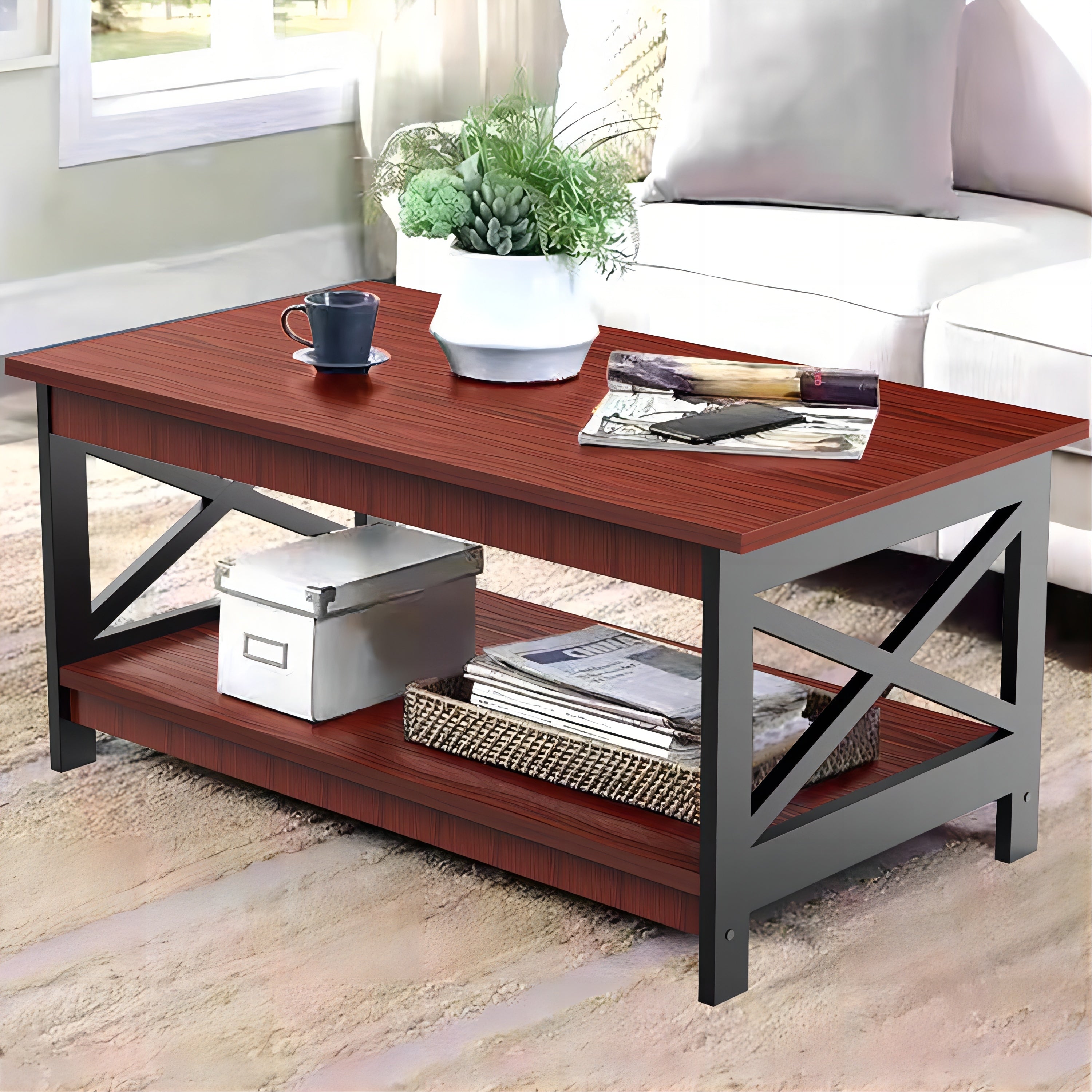 Coffee Table End Table with Storage Shelf, Brown