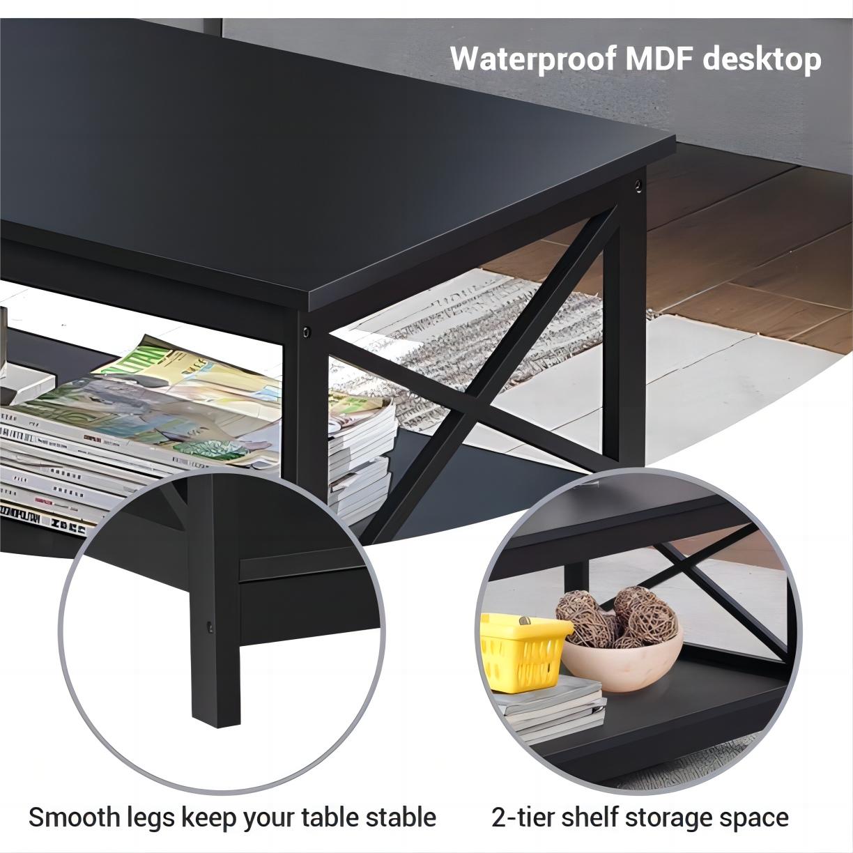 Coffee Table End Table with Storage Shelf, Black
