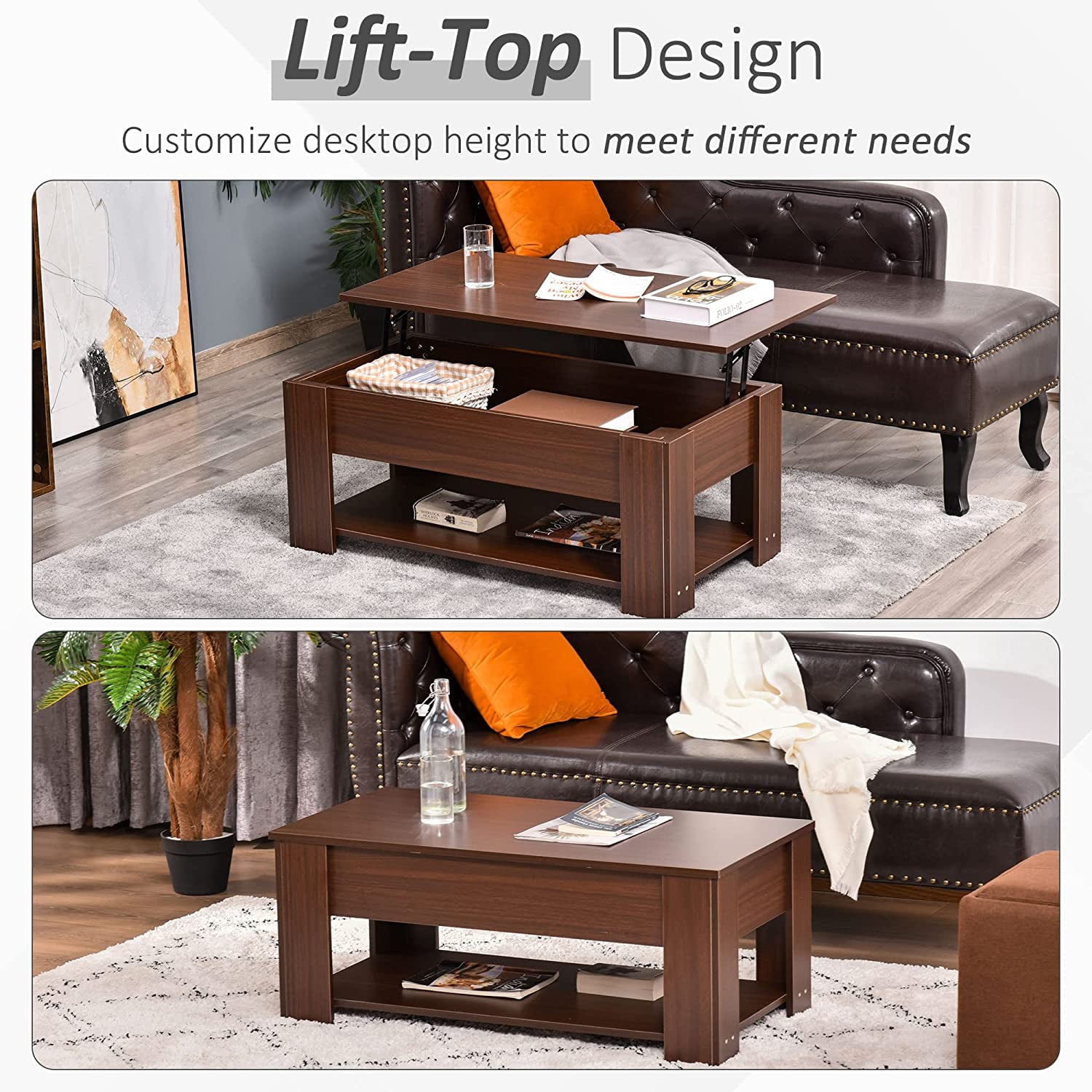 Lift Top Coffee Table with Hidden Storage Compartment and Open Shelf