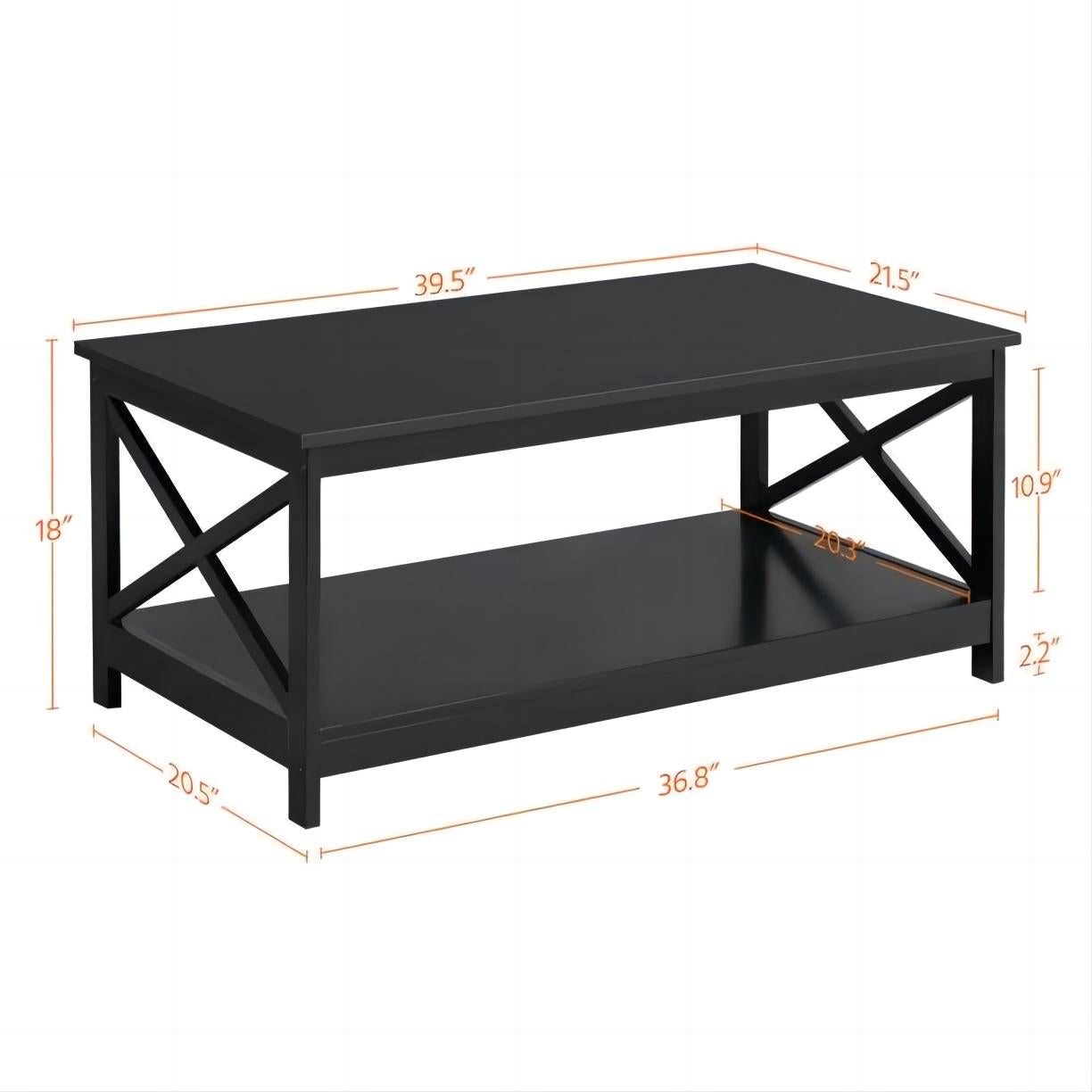 Coffee Table End Table with Storage Shelf, Black