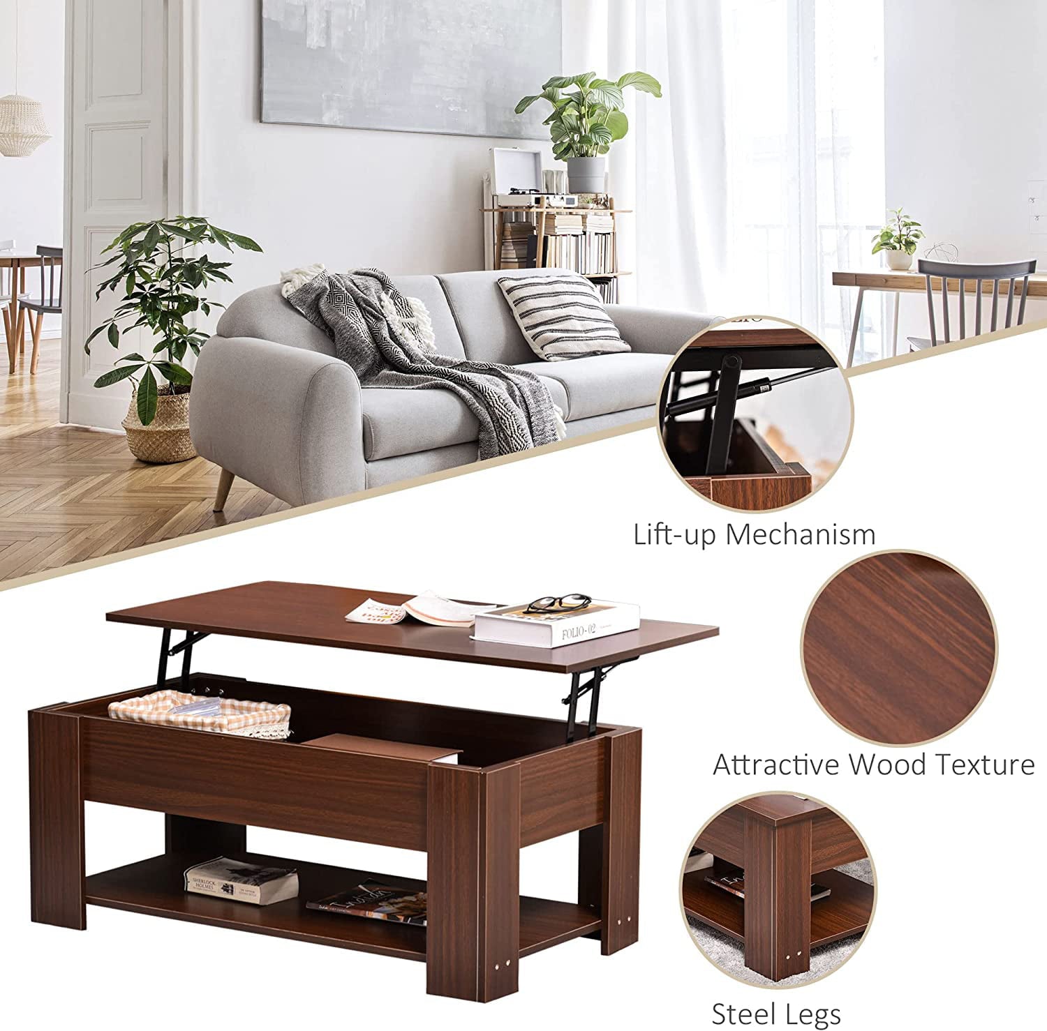 Lift Top Coffee Table with Hidden Storage Compartment and Open Shelf