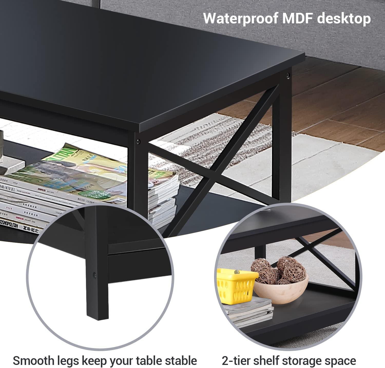 Coffee Table End Table with Storage Shelf, Black