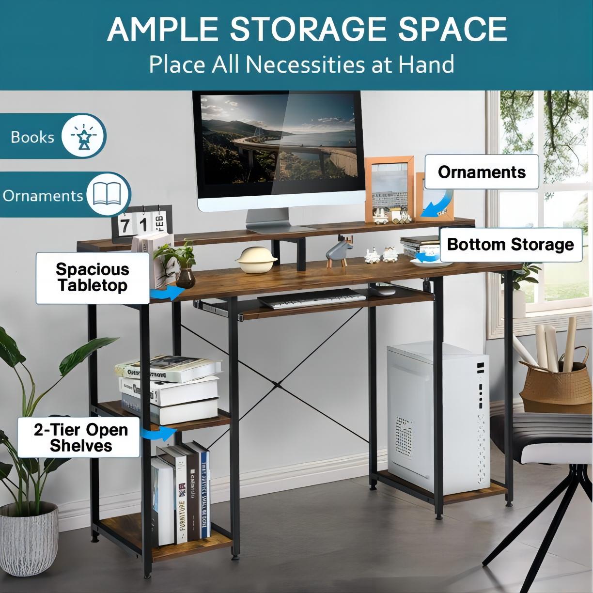 47in Computer Desk with Keyboard Tray and Storage Shelves