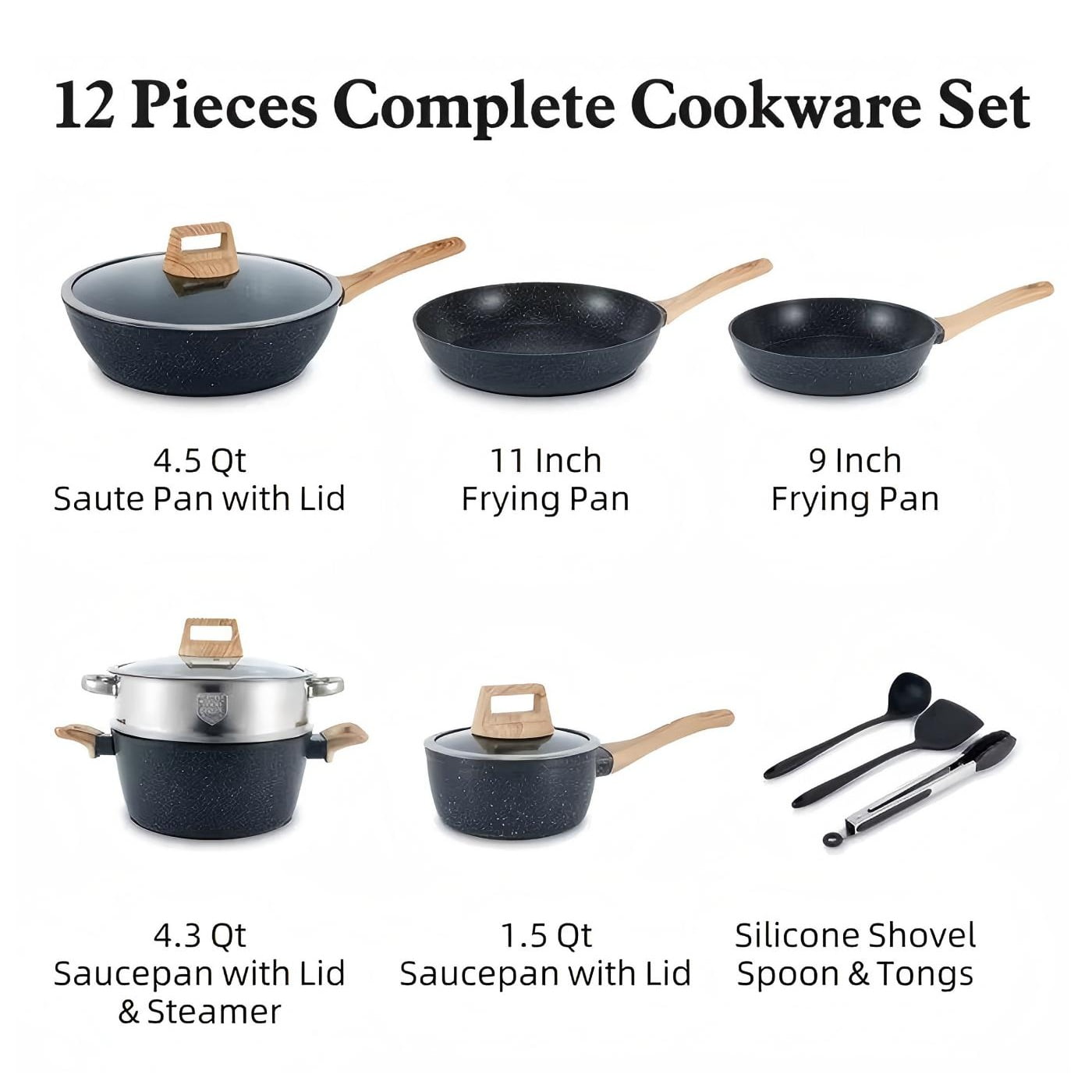 ALPULON 12Pcs Ceramics Pots and Pans Set with Lids for Induction Cookware Black