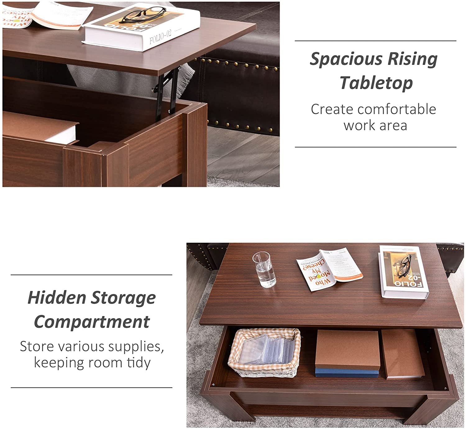 Lift Top Coffee Table with Hidden Storage Compartment and Open Shelf