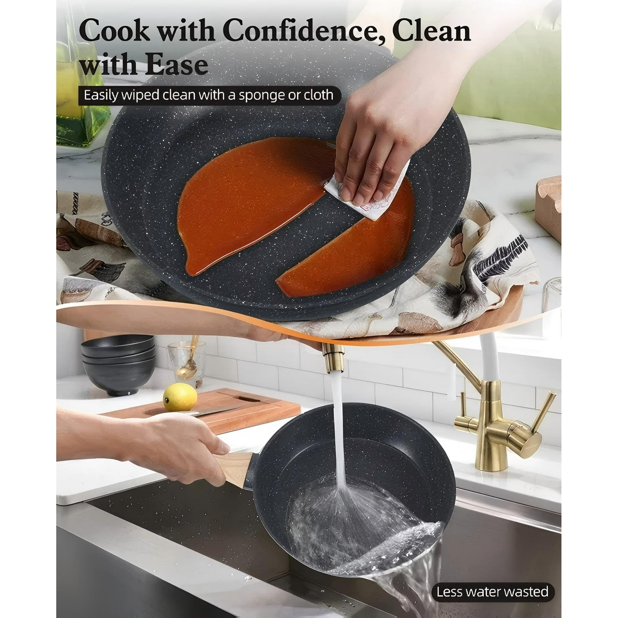 ALPULON 12Pcs Ceramics Pots and Pans Set with Lids for Induction Cookware Black