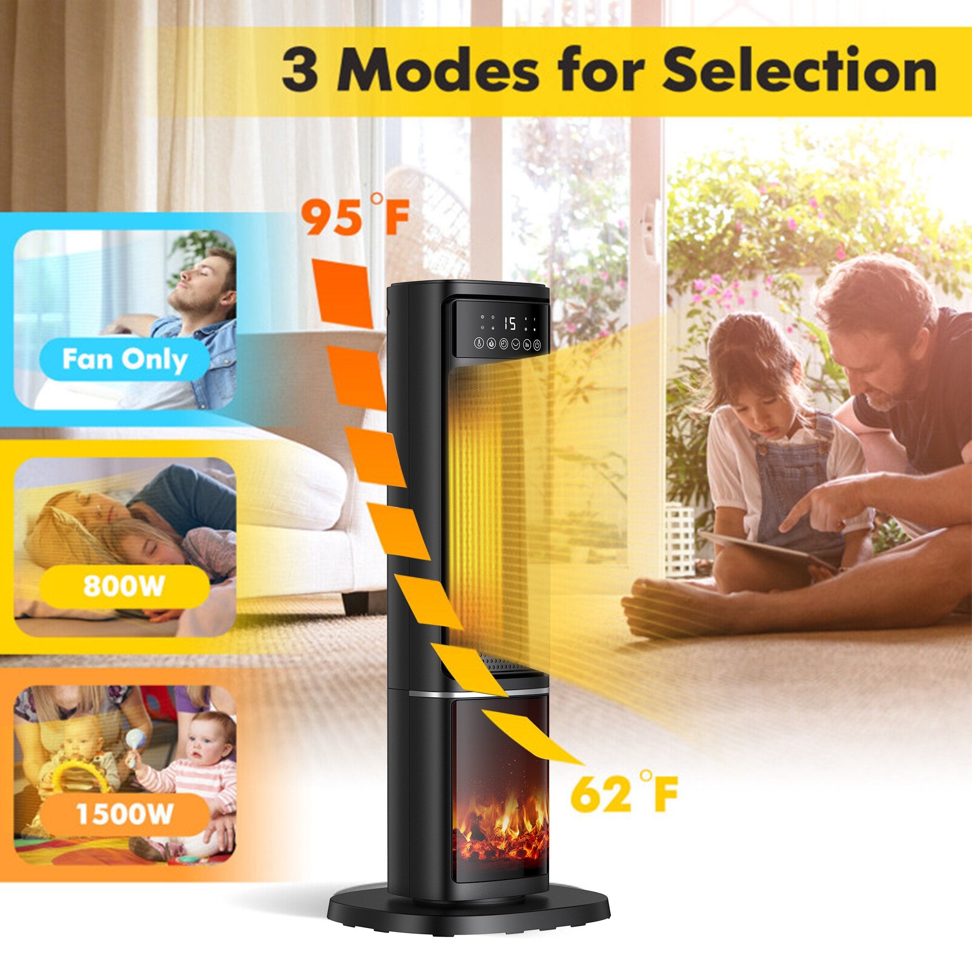 ALPULON 1500W Electric Space Heater PTC Fast Heating Ceramic Heater 3D Realistic Flame Safety Features for Office, Bedroom & Home