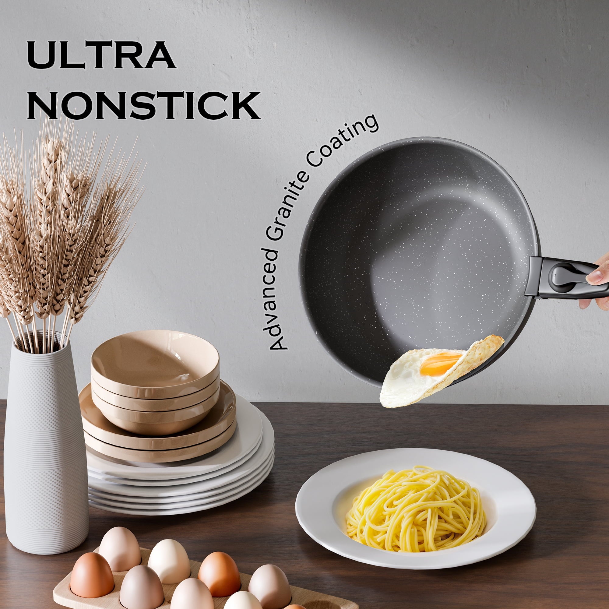 ALPULON 18Pcs Ceramics Pots and Pans Set with Lids for Induction Cookware Black