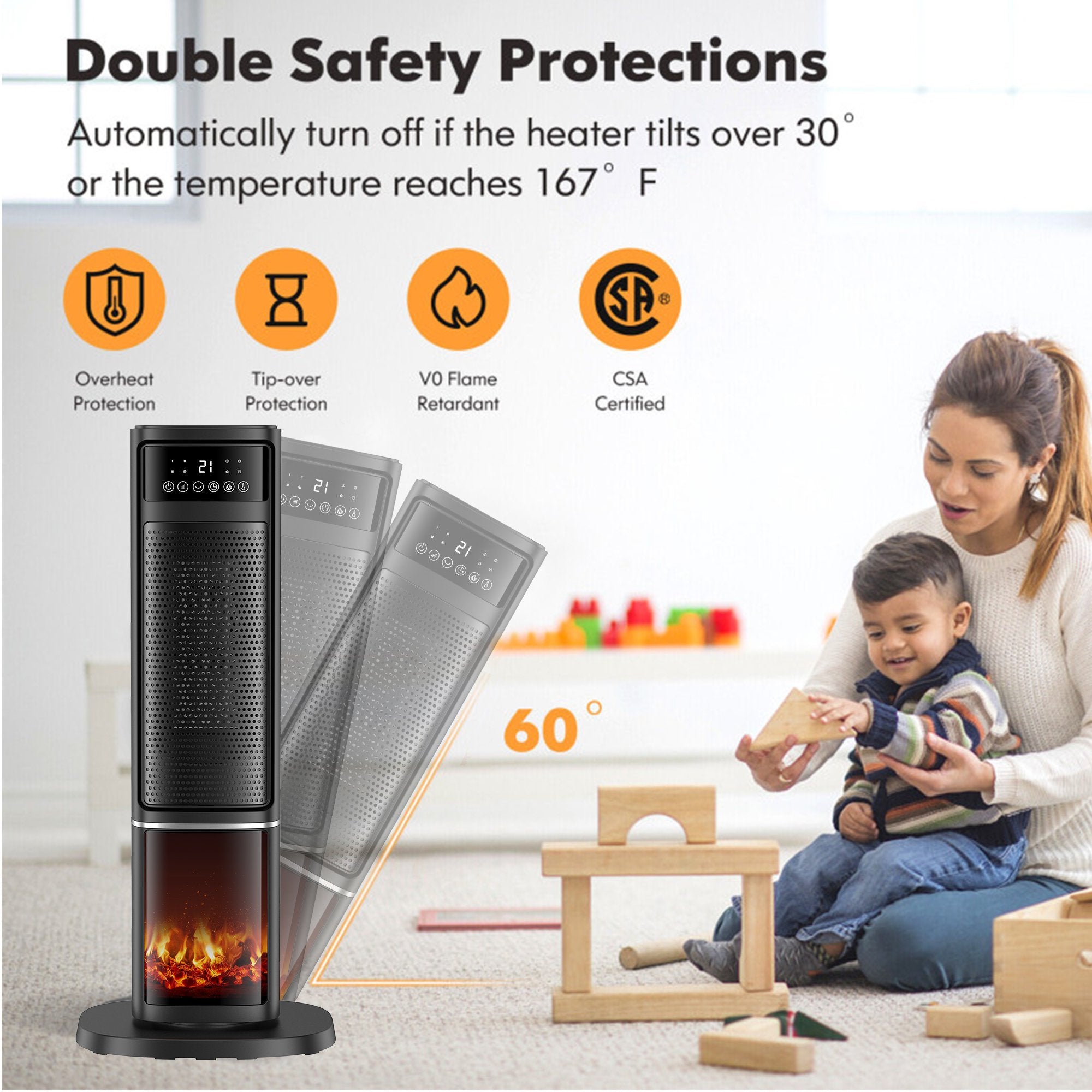 ALPULON 1500W Electric Space Heater PTC Fast Heating Ceramic Heater 3D Realistic Flame Safety Features for Office, Bedroom & Home