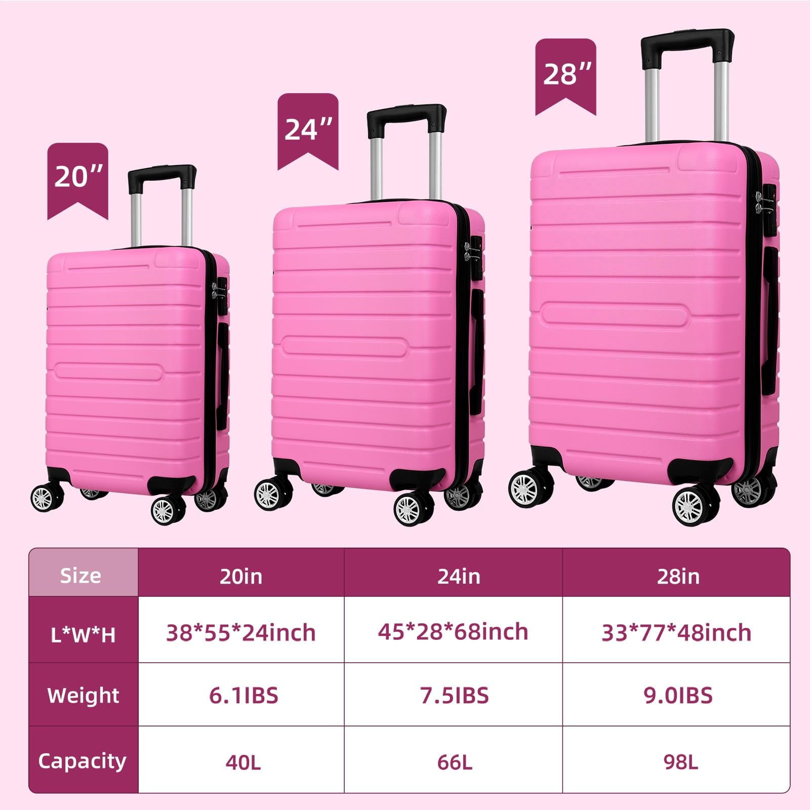 ALPULON 3 Piece Luggage Sets with TSA Locks Hardside Suitcase Set with Spinner Wheels 20in24in28in Pink