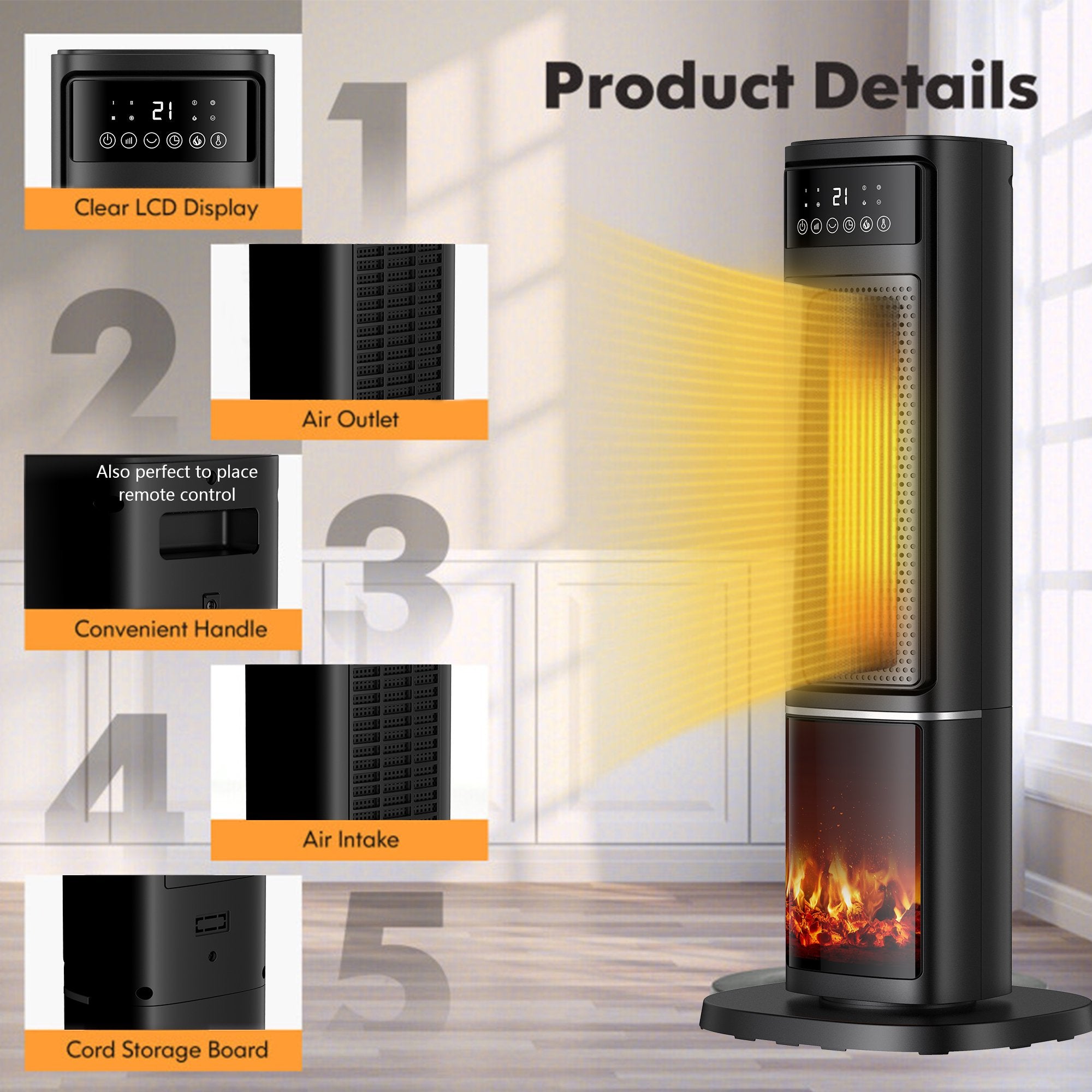 ALPULON 1500W Electric Space Heater PTC Fast Heating Ceramic Heater 3D Realistic Flame Safety Features for Office, Bedroom & Home