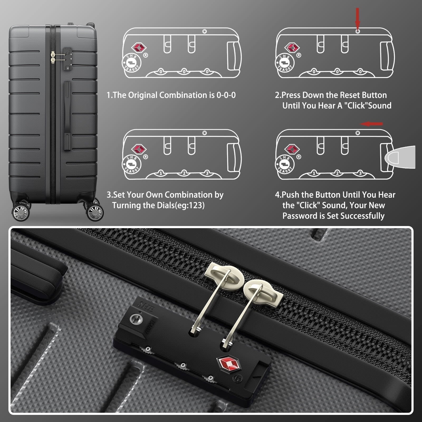 ALPULON 3 Piece Luggage Sets with TSA Locks Hardside Suitcase Set with Spinner Wheels 20in24in28in Gray