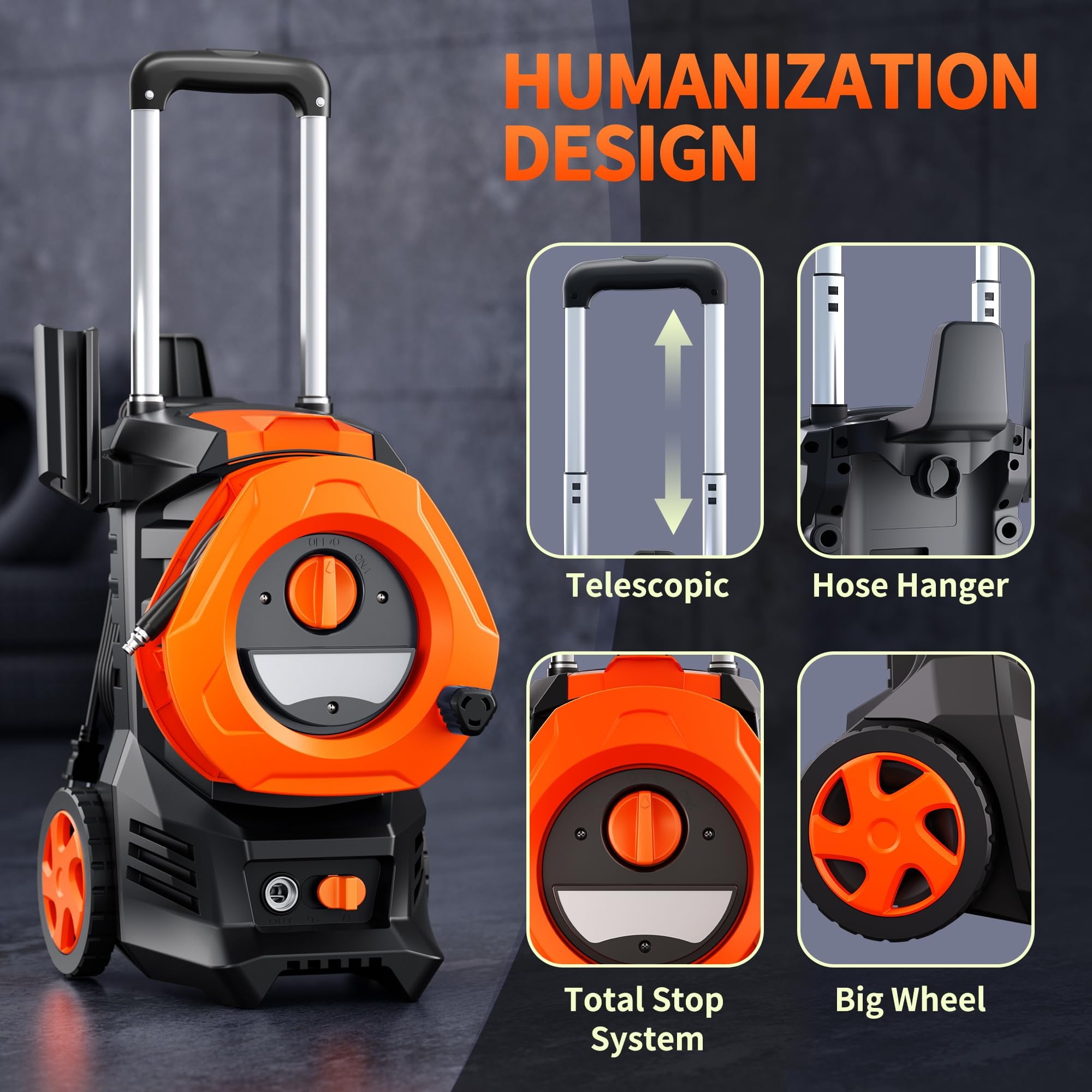 ALPULON 4800PSI Electric Pressure Washer 3.2GPM Power Washer with 4 Quick Connect Nozzles 2000W Cleaning Machine for Car Cleaning Orange