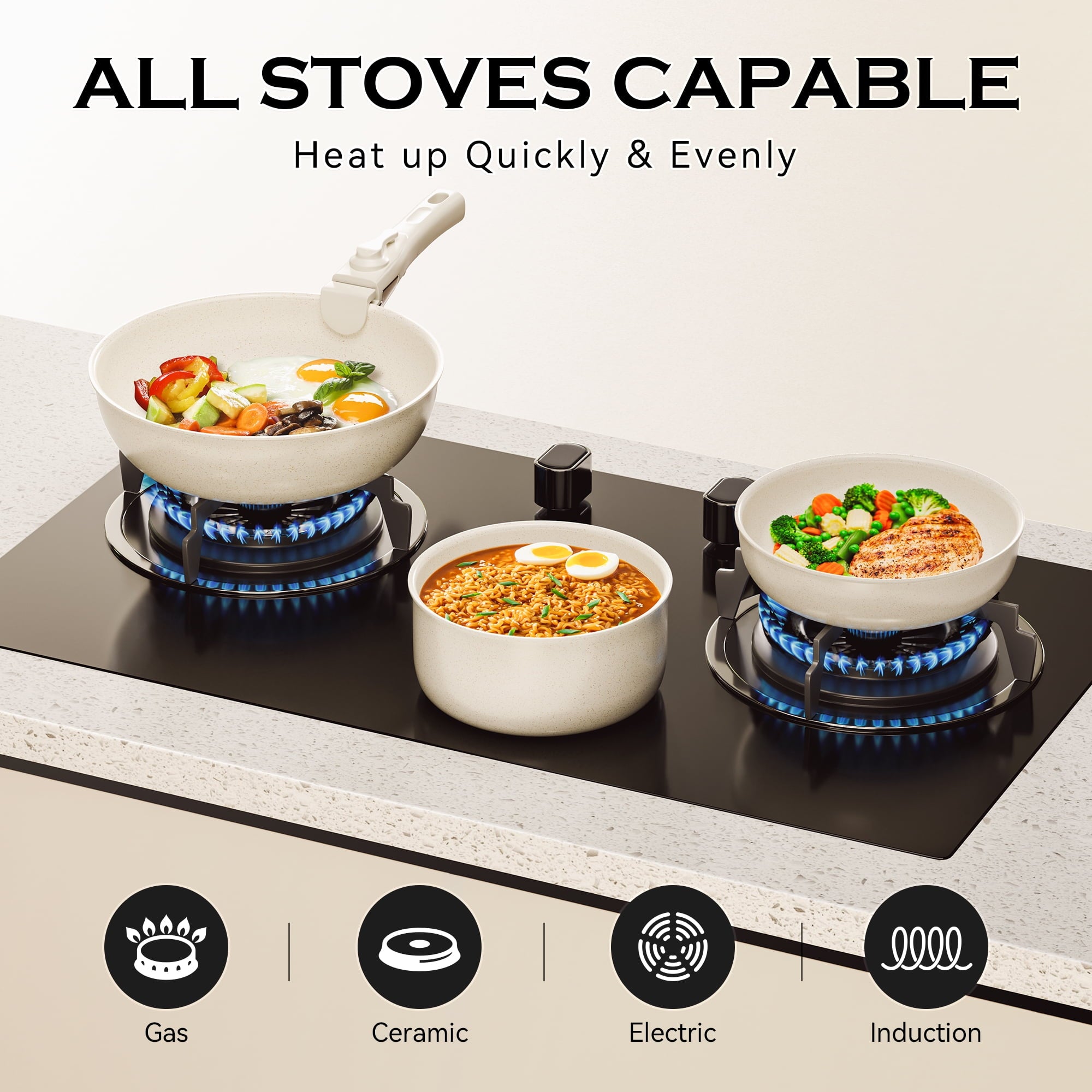 ALPULON 18Pcs Ceramics Pots and Pans Set with Lids for Induction Cookware White