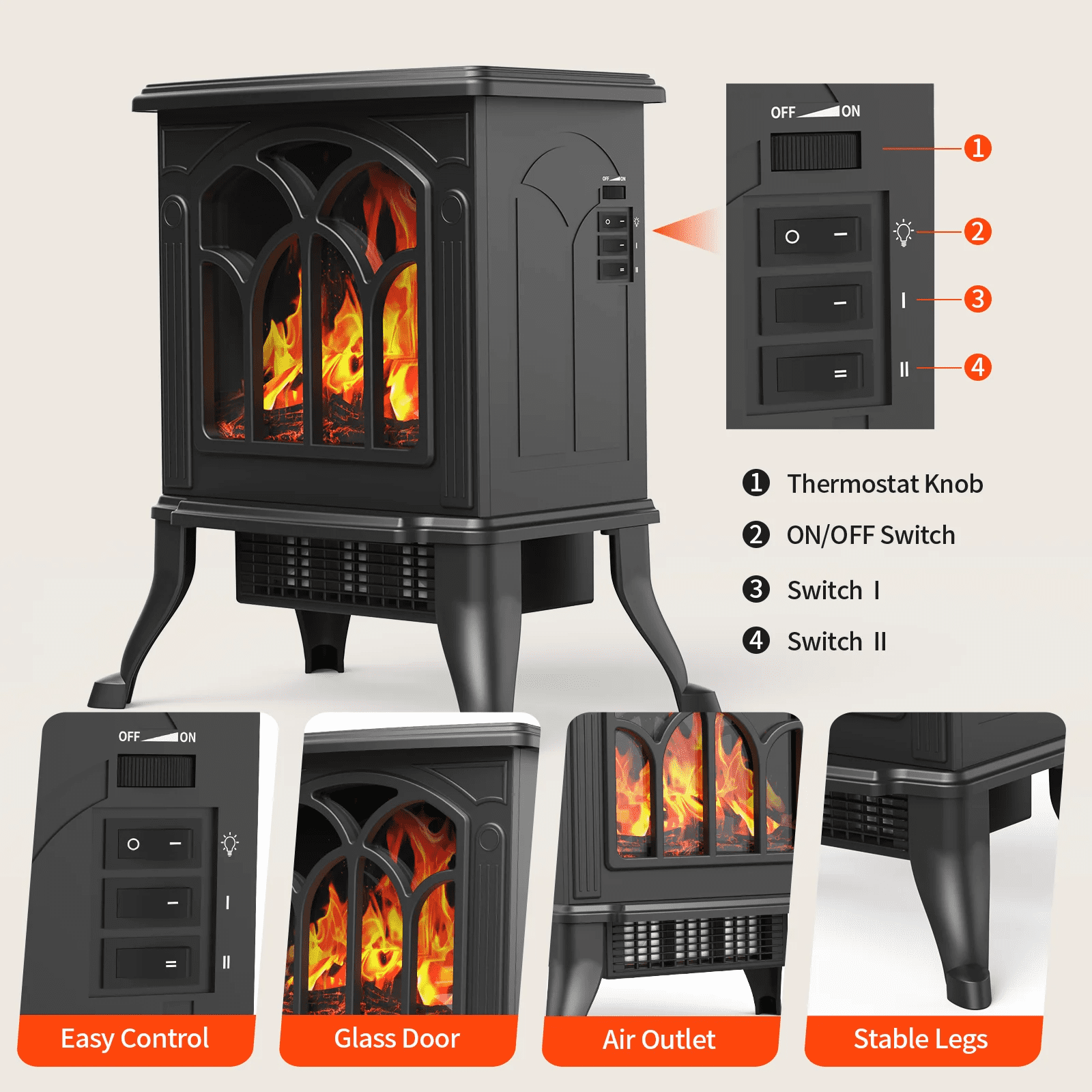 ALPULON Infrared Quartz Electric Fireplace Stove Heater, Black