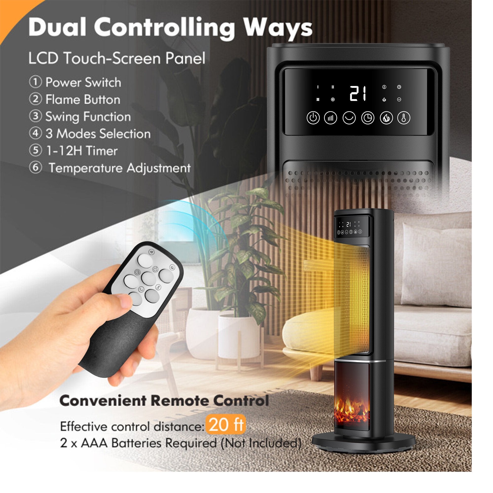 ALPULON 1500W Electric Space Heater PTC Fast Heating Ceramic Heater 3D Realistic Flame Safety Features for Office, Bedroom & Home