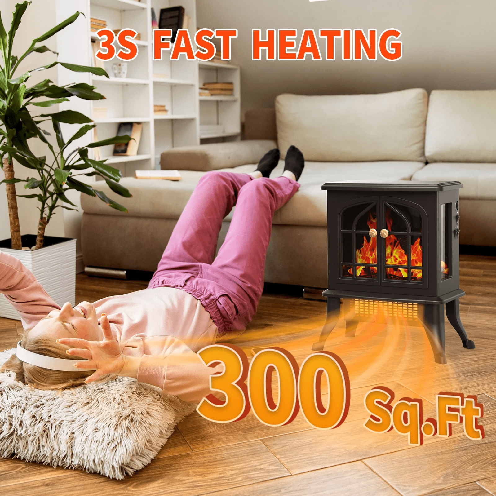 ALPULON Electric Infrared Quartz Fireplace Stove Heater with 3D Flame Effect, Black