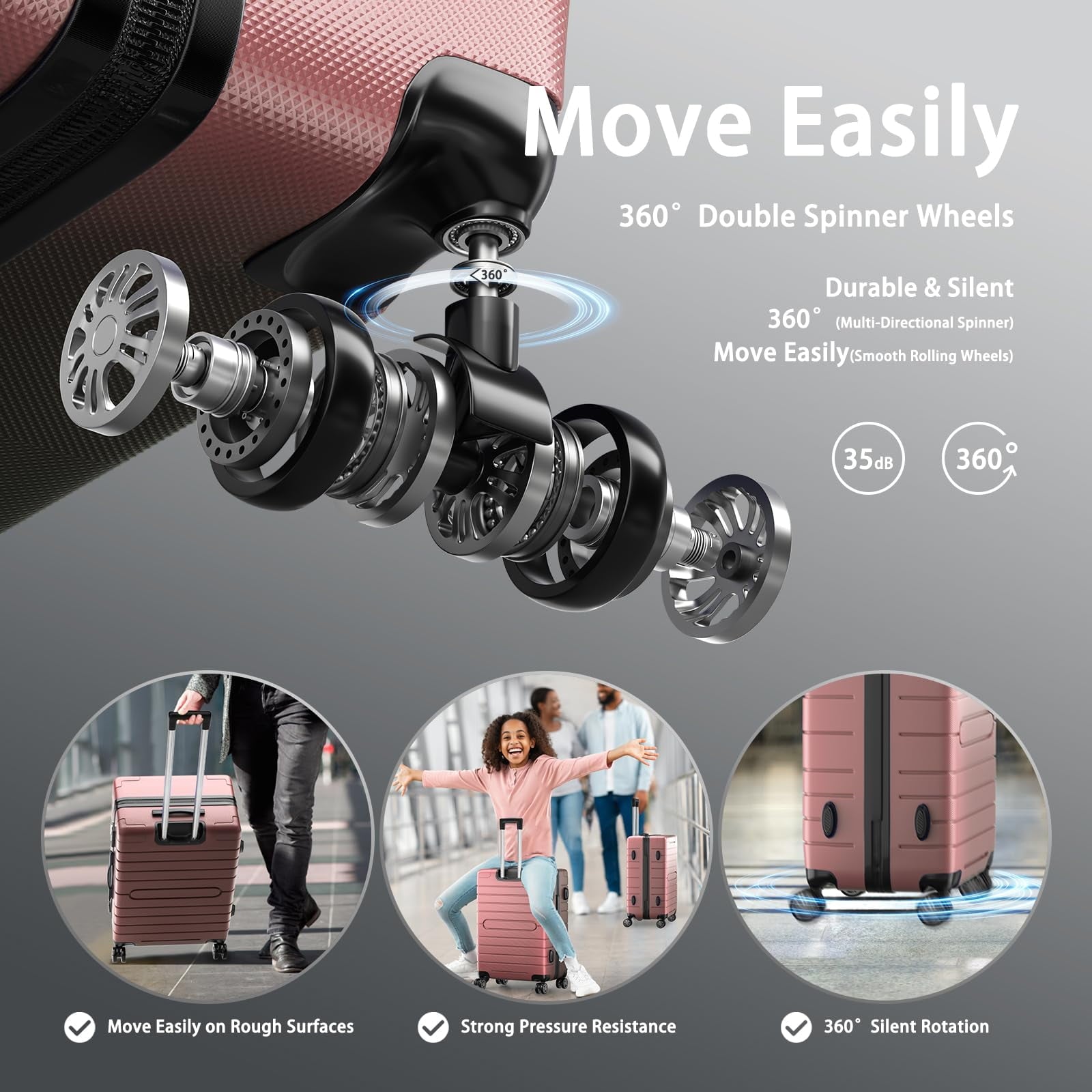 ALPULON 3 Piece Luggage Sets with TSA Locks Hardside Suitcase Set with Spinner Wheels 20in24in28in Rose Pink