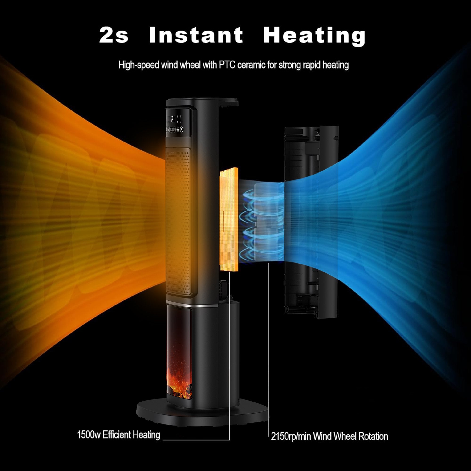 ALPULON 1500W Electric Space Heater PTC Fast Heating Ceramic Heater 3D Realistic Flame Safety Features for Office, Bedroom & Home