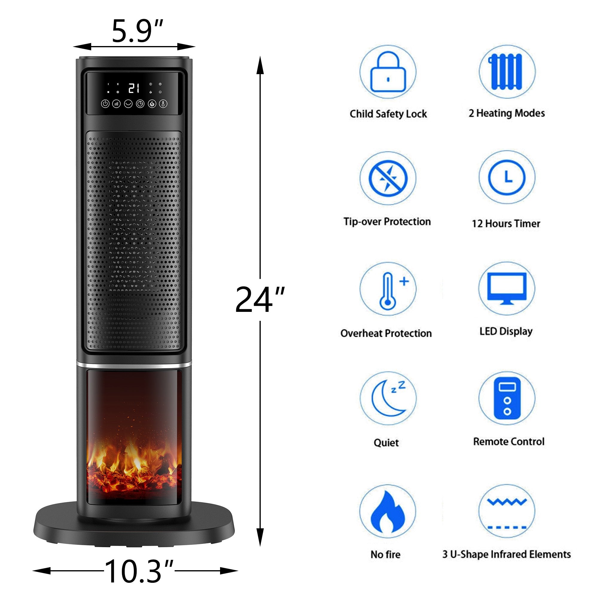 ALPULON 1500W Electric Space Heater PTC Fast Heating Ceramic Heater 3D Realistic Flame Safety Features for Office, Bedroom & Home