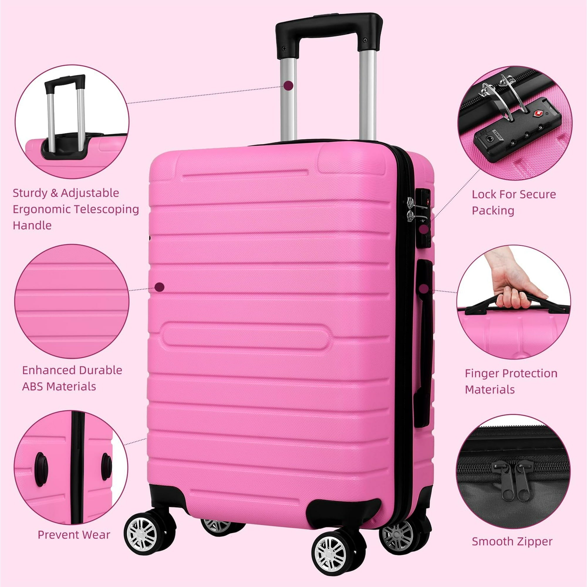 ALPULON 3 Piece Luggage Sets with TSA Locks Hardside Suitcase Set with Spinner Wheels 20in24in28in Pink