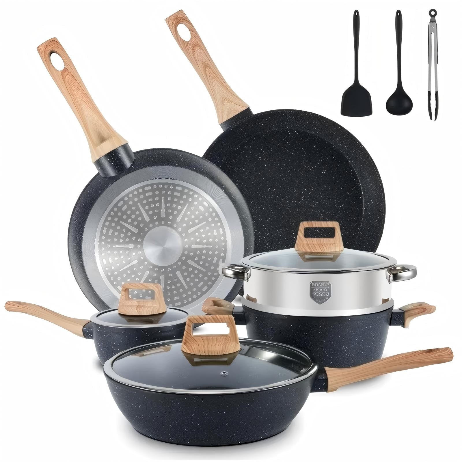 ALPULON 12Pcs Ceramics Pots and Pans Set with Lids for Induction Cookware Black