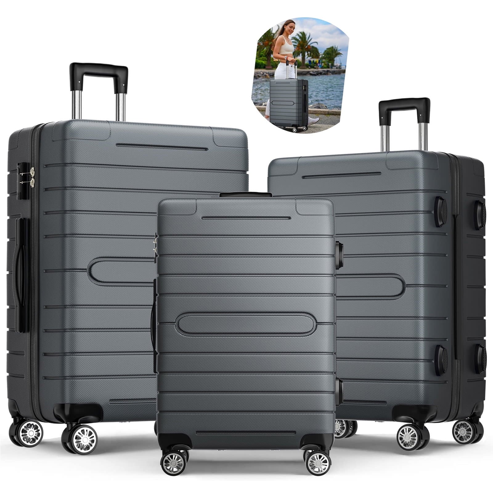 ALPULON 3 Piece Luggage Sets with TSA Locks Hardside Suitcase Set with Spinner Wheels 20in24in28in Gray