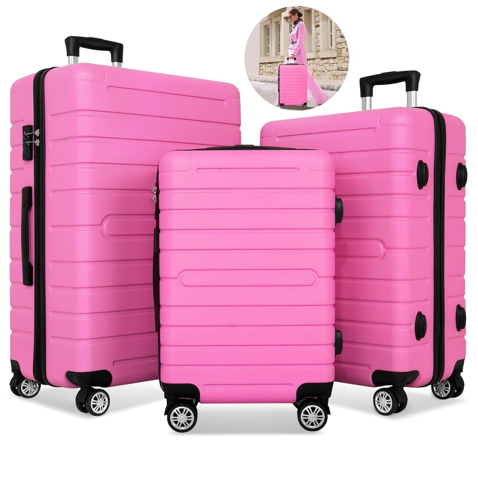ALPULON 3 Piece Luggage Sets with TSA Locks Hardside Suitcase Set with Spinner Wheels 20in24in28in Pink