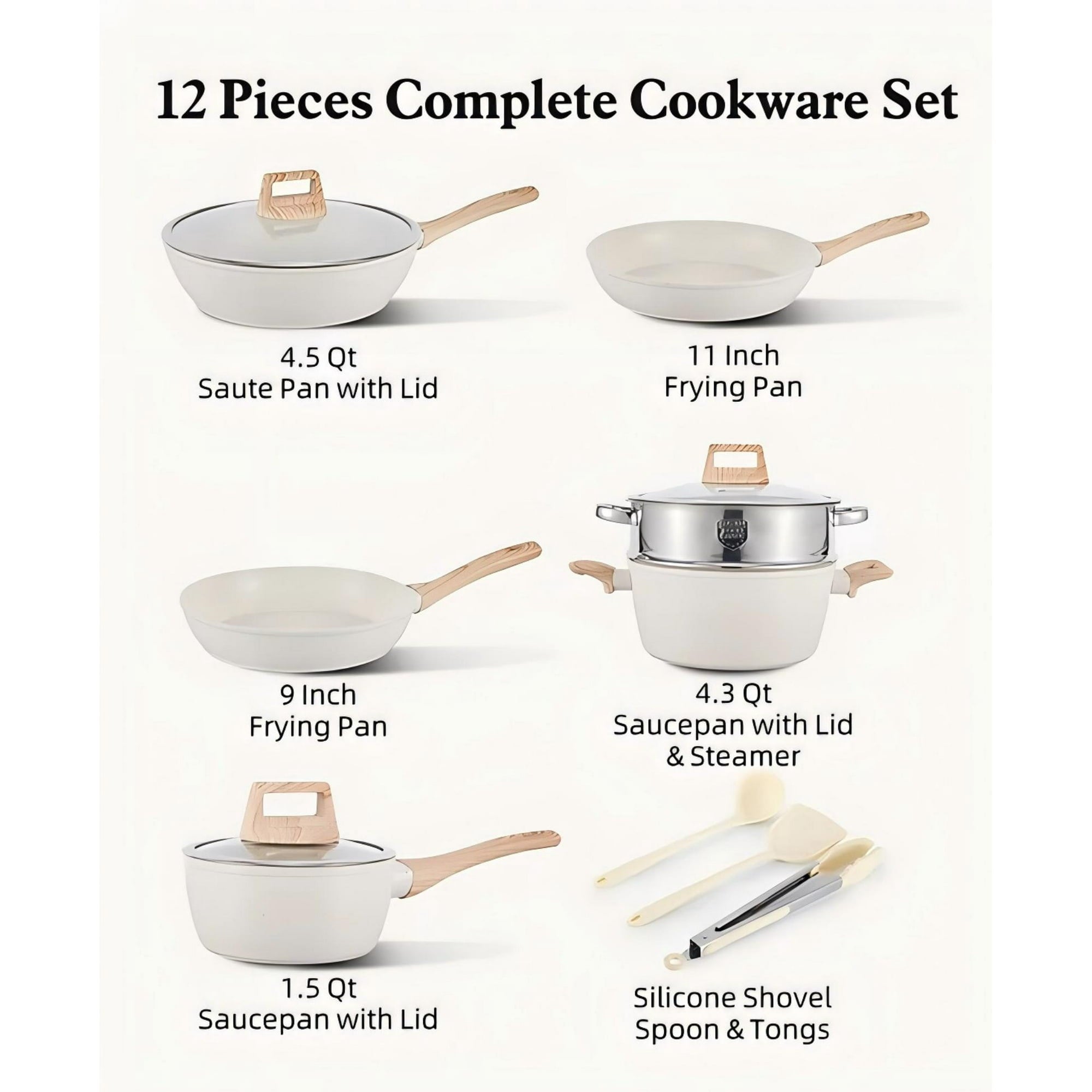 ALPULON 12 Pcs Pots and Pans Set Granite Nonstick Cookware Sets Kitchen Cooking Set with Detachable Handle White