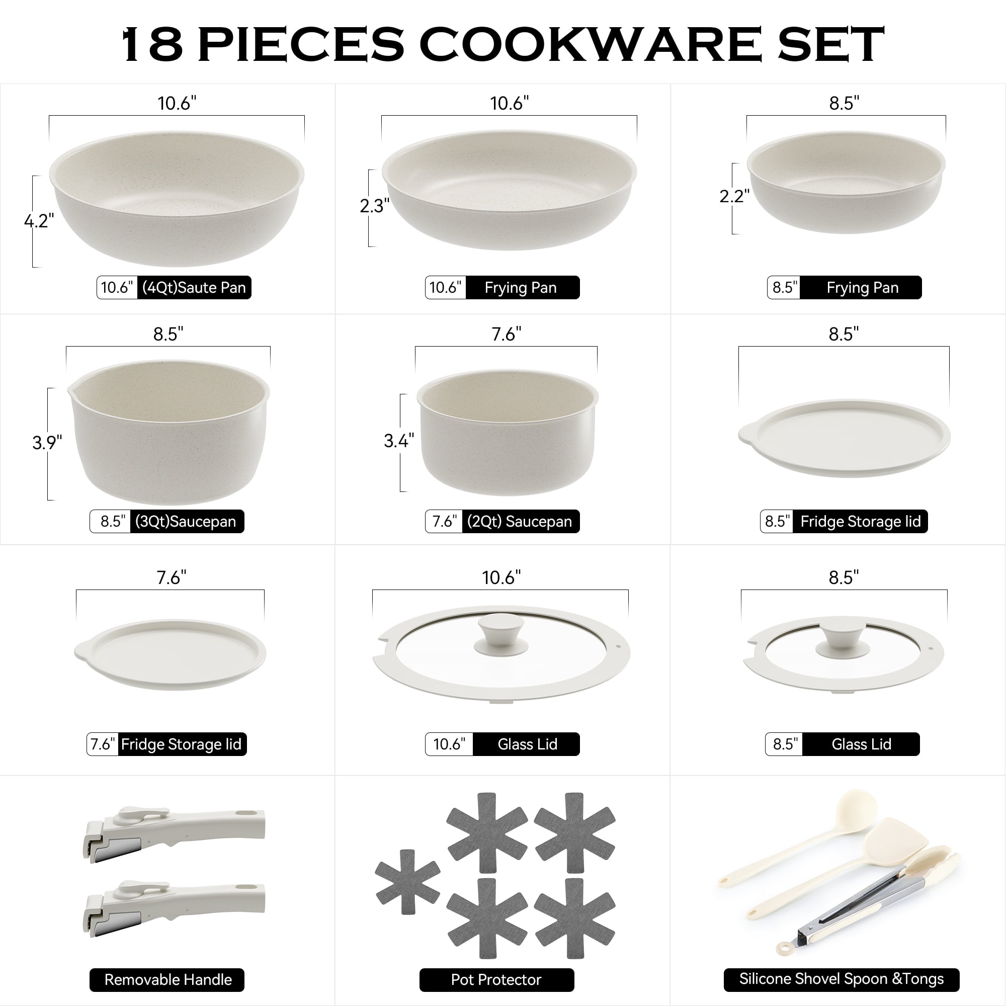 ALPULON 18Pcs Ceramics Pots and Pans Set with Lids for Induction Cookware White