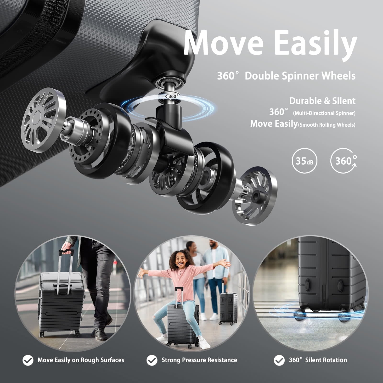 ALPULON 3 Piece Luggage Sets with TSA Locks Hardside Suitcase Set with Spinner Wheels 20in24in28in Gray