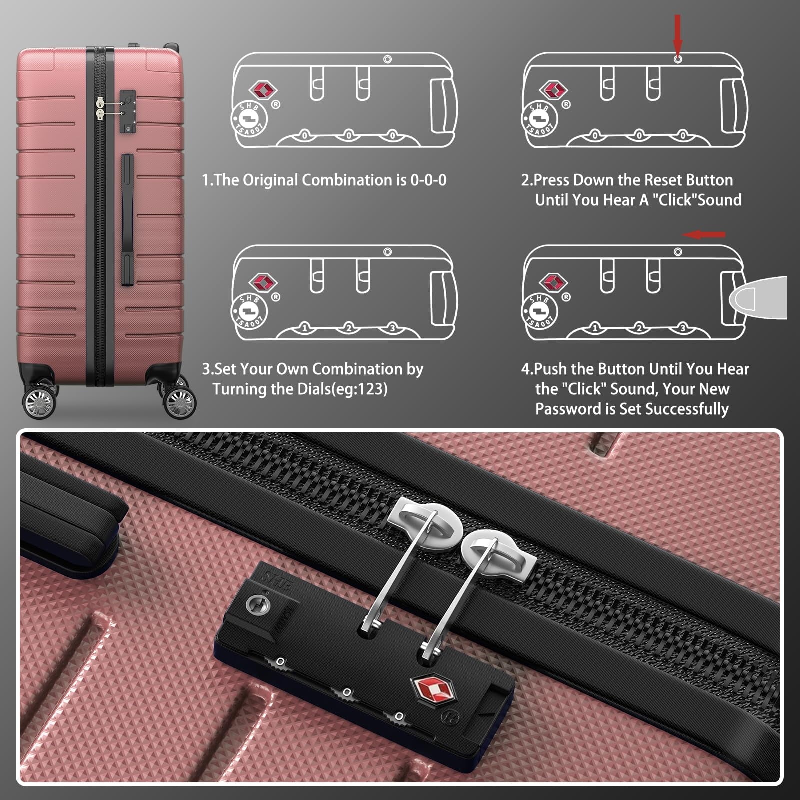 ALPULON 3 Piece Luggage Sets with TSA Locks Hardside Suitcase Set with Spinner Wheels 20in24in28in Rose Pink