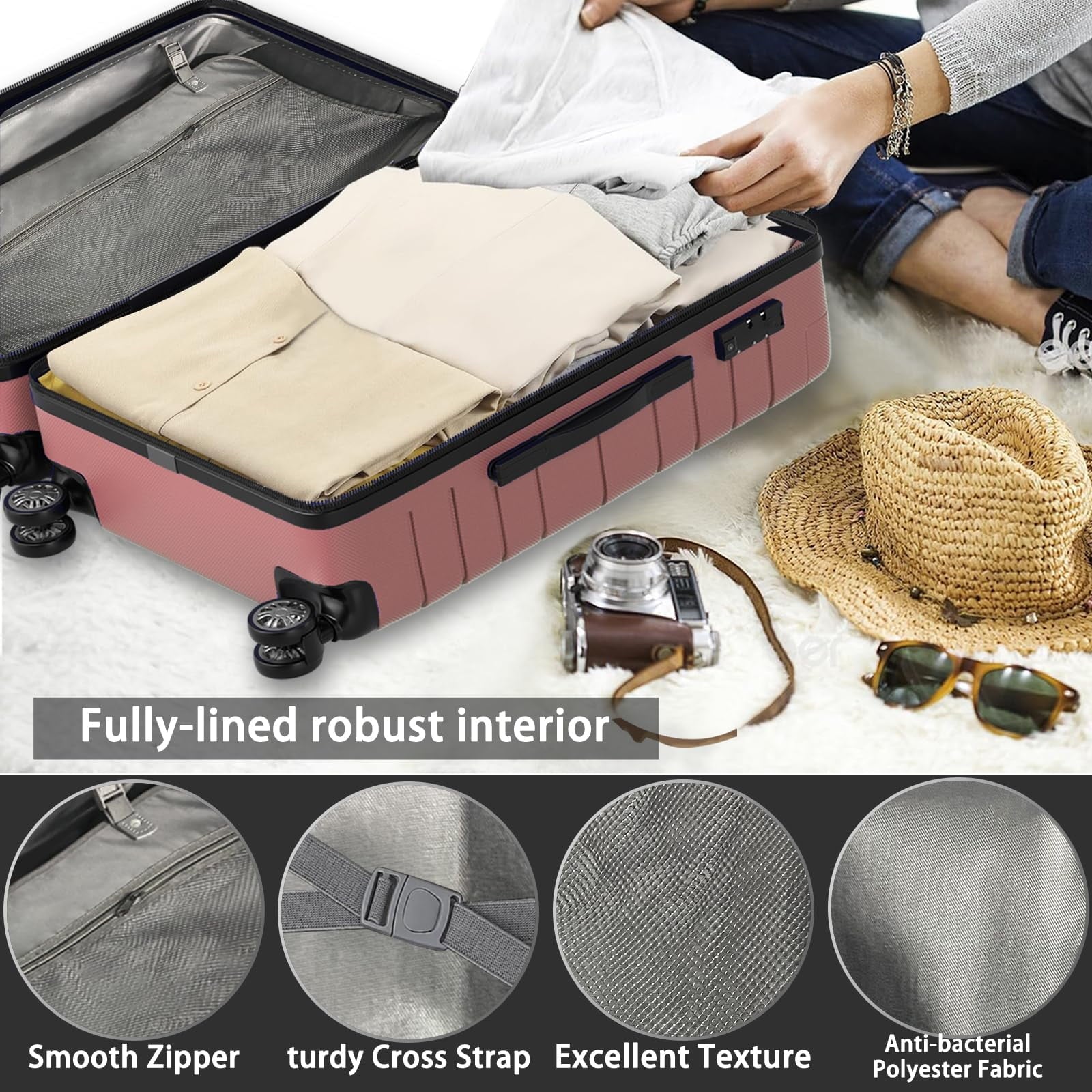 ALPULON 3 Piece Luggage Sets with TSA Locks Hardside Suitcase Set with Spinner Wheels 20in24in28in Rose Pink