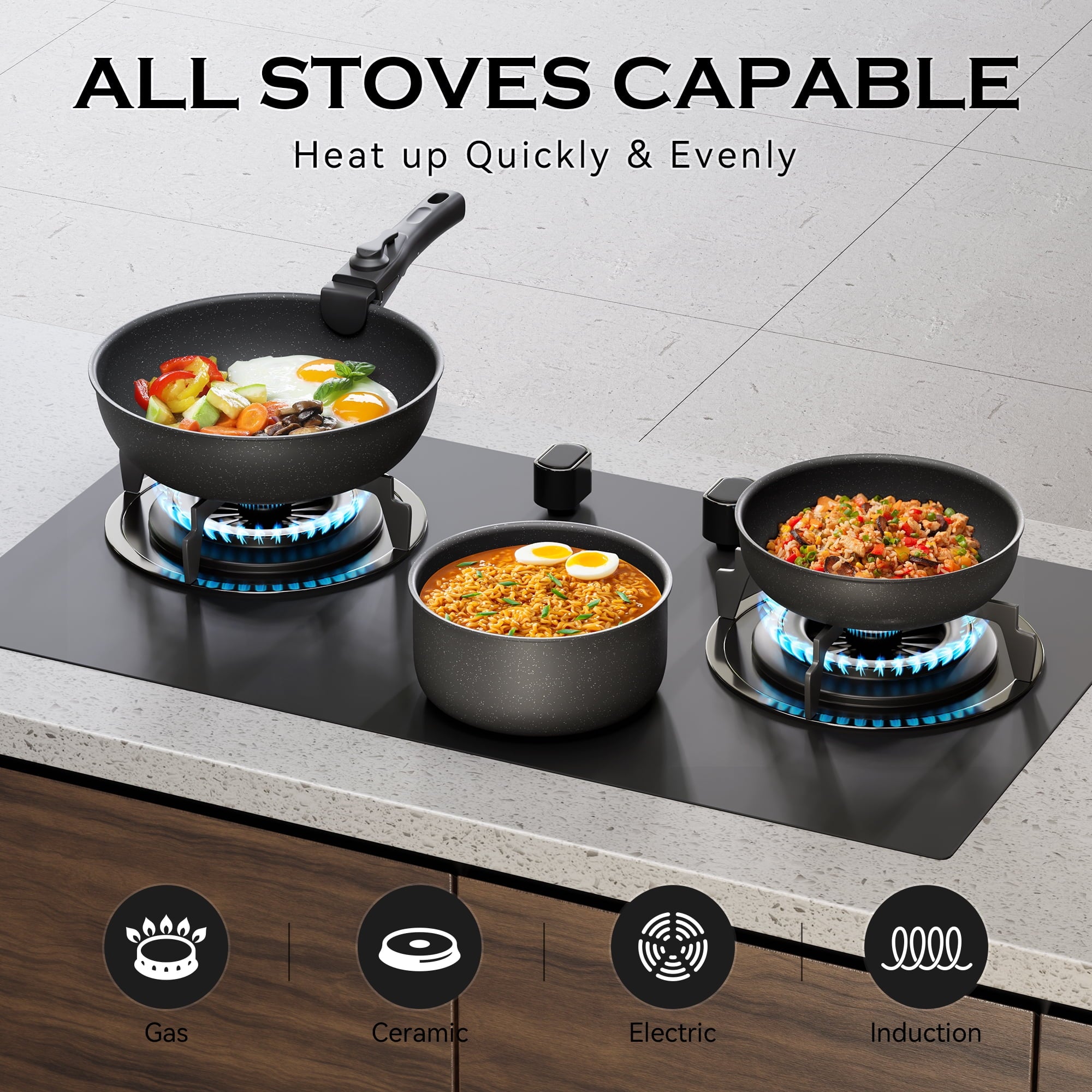 ALPULON 18Pcs Ceramics Pots and Pans Set with Lids for Induction Cookware Black