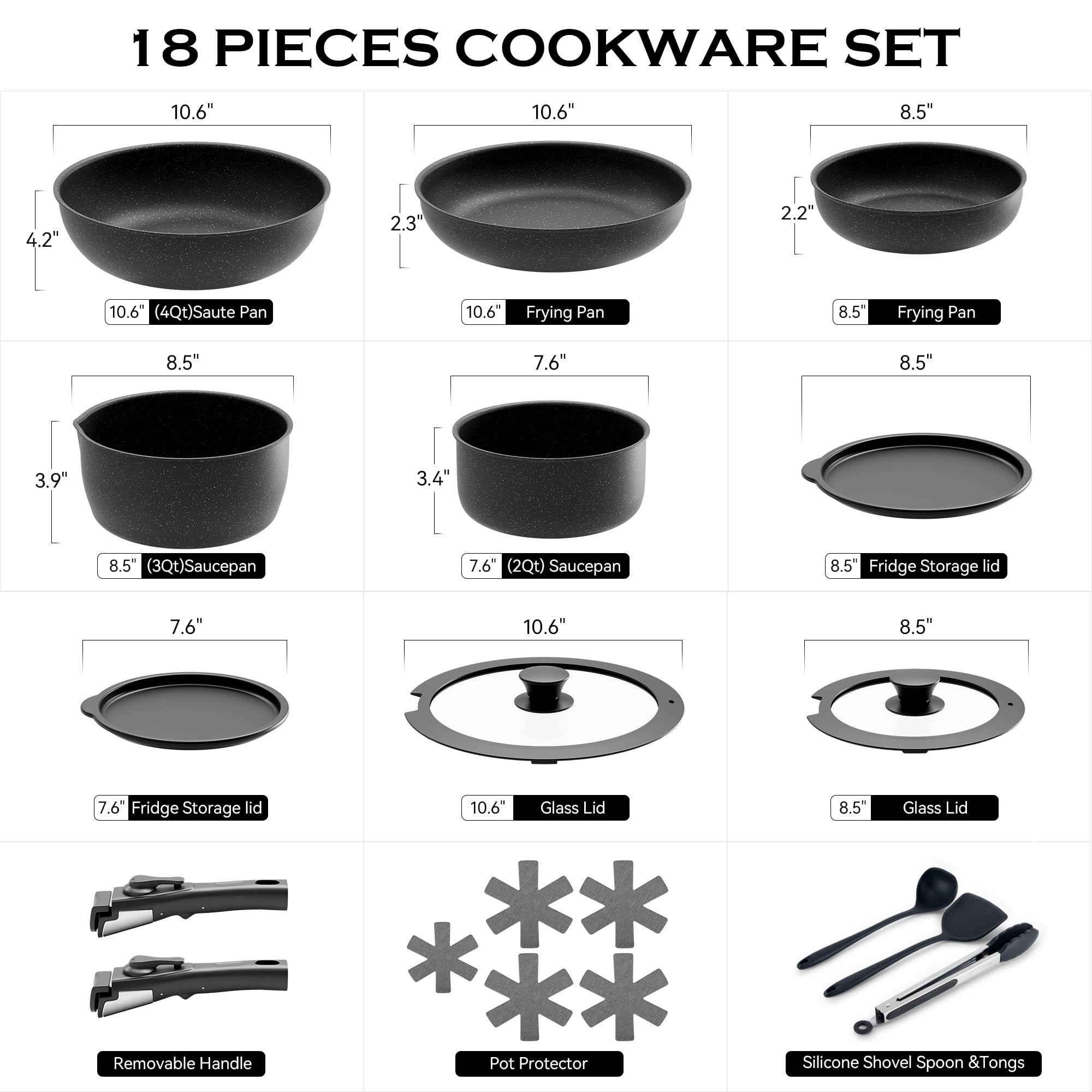 ALPULON 18Pcs Ceramics Pots and Pans Set with Lids for Induction Cookware Black