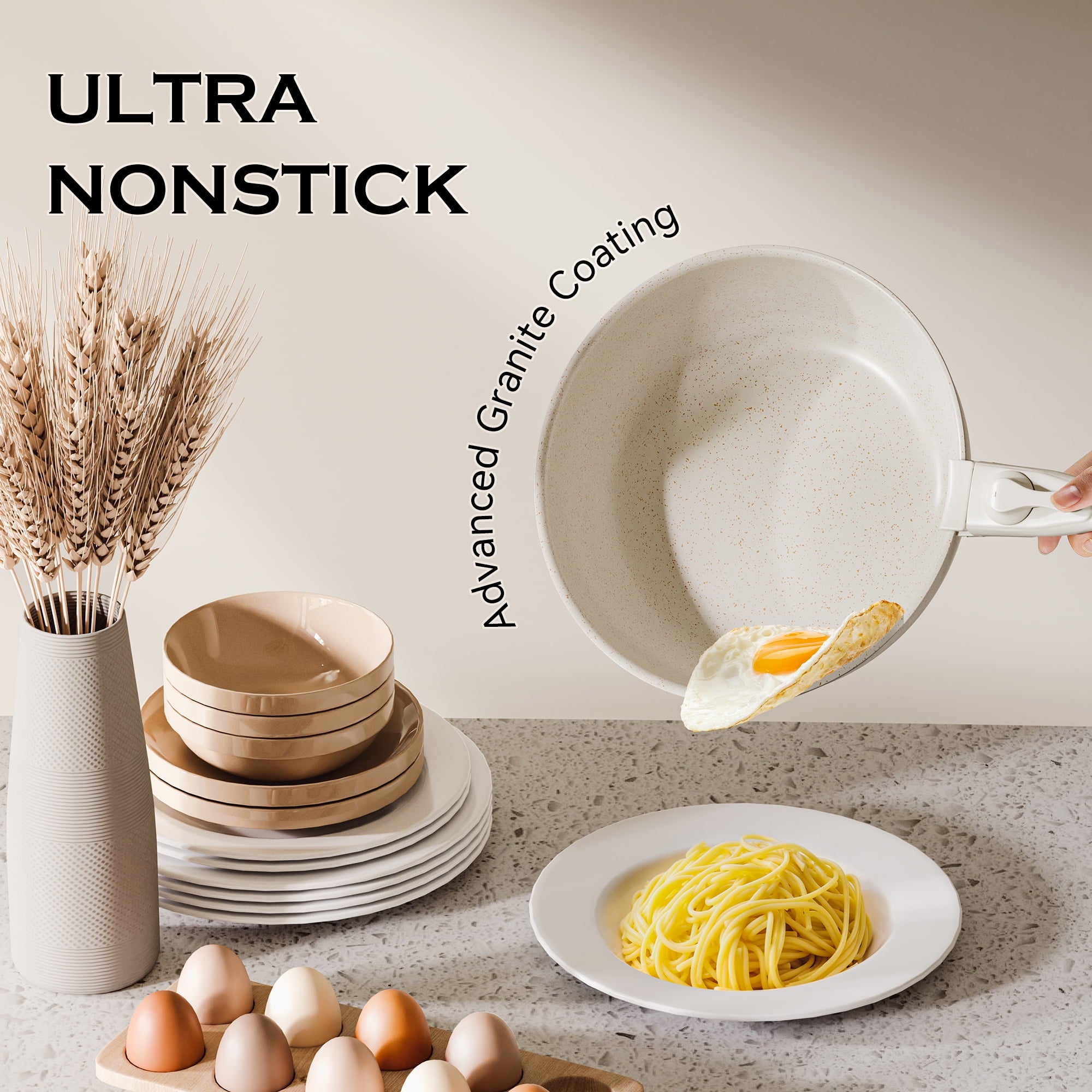 ALPULON 18Pcs Ceramics Pots and Pans Set with Lids for Induction Cookware White