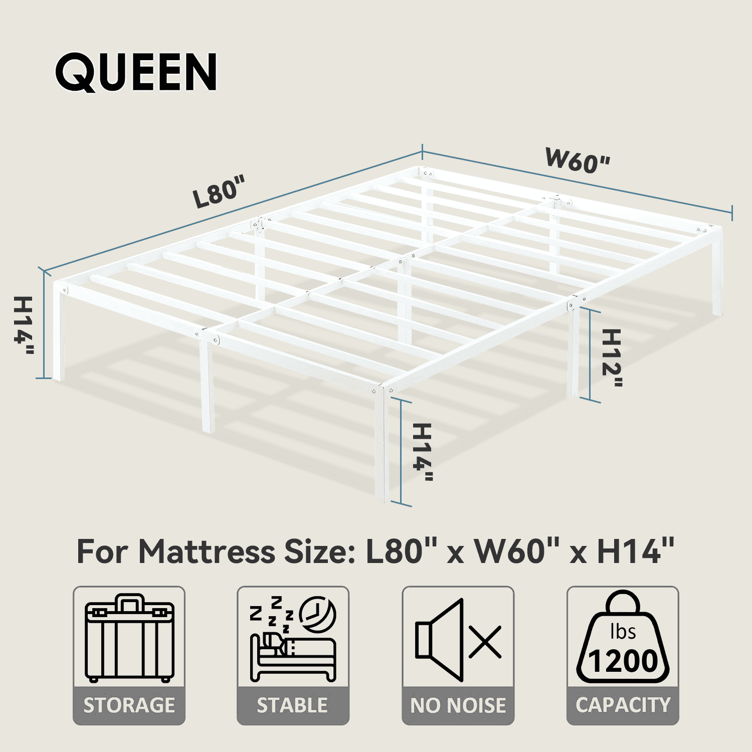 Metal 14-inch Platform Bed Frame - White - Queen