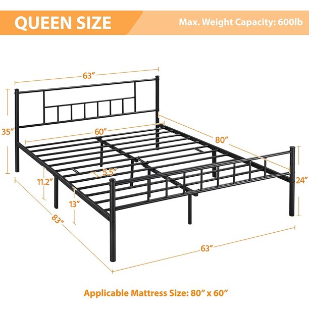 13 inch Queen Size Metal Bed Frame with Headboard