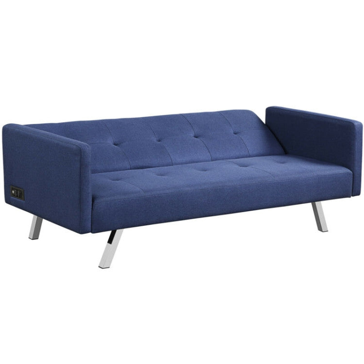 ALPULON ComfortHub: 3-Seat Linen Futon Sofa with Built-In USB & Power Strip