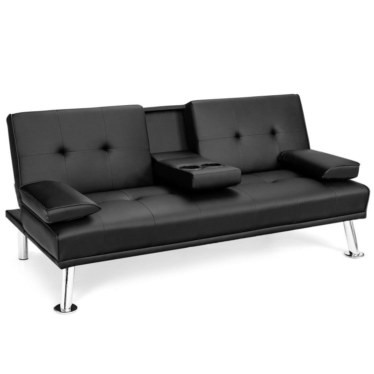 ALPULON Convertible Leather Futon: Sleek, Foldable Sofa with Cup Holders