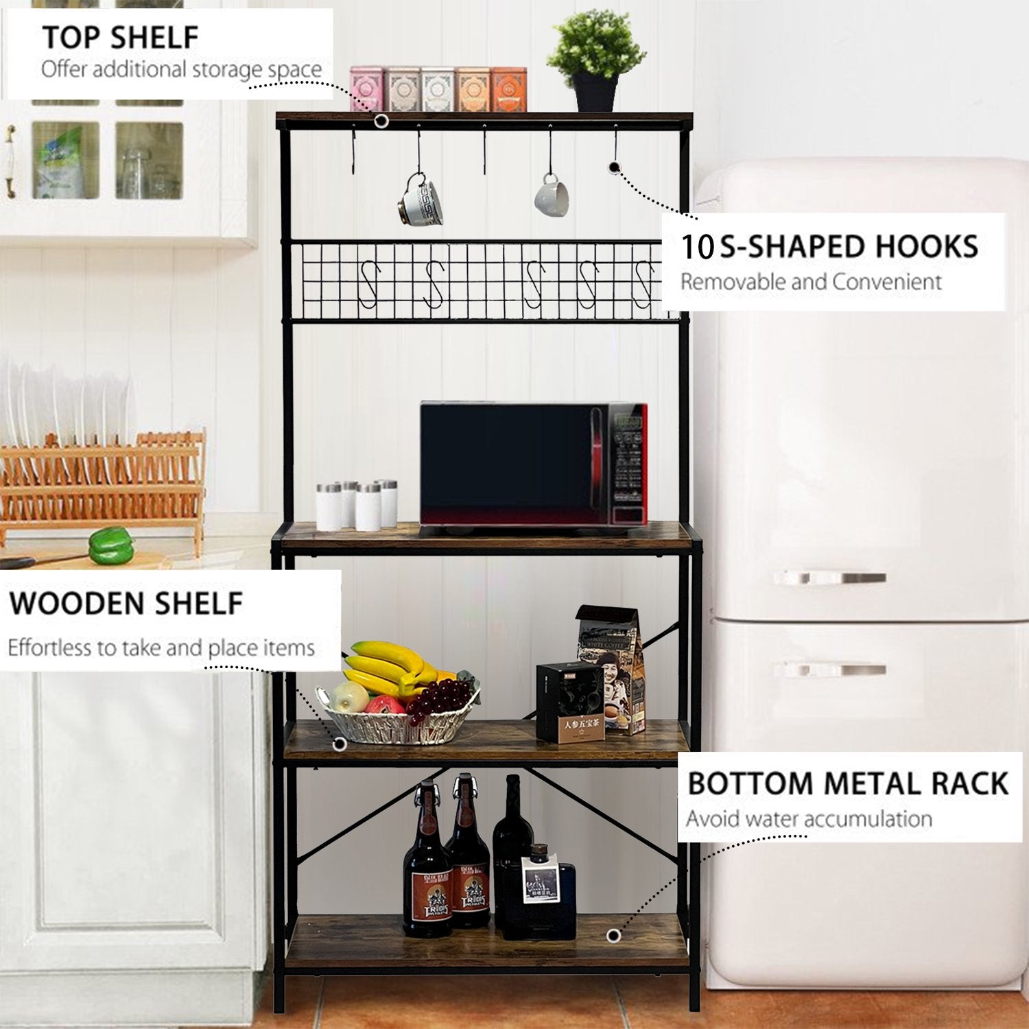 ALPULON 4 Tier Baker's Rack for Kitchens Rack Storage Shelf Cart with Hanging Hooks Brown