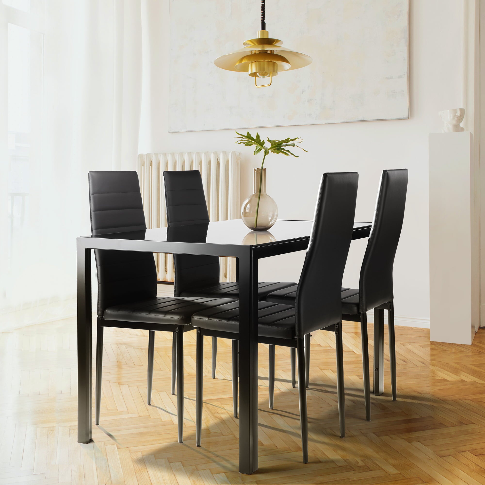 ALPULON 5 Pieces Dining Table Set for 4, Kitchen Room Tempered Glass Dining Table, Black
