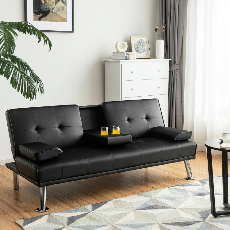 ALPULON Convertible Leather Futon: Sleek, Foldable Sofa with Cup Holders