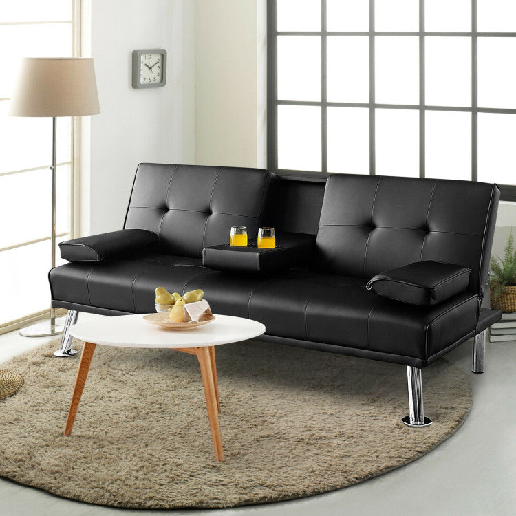 ALPULON Convertible Leather Futon: Sleek, Foldable Sofa with Cup Holders