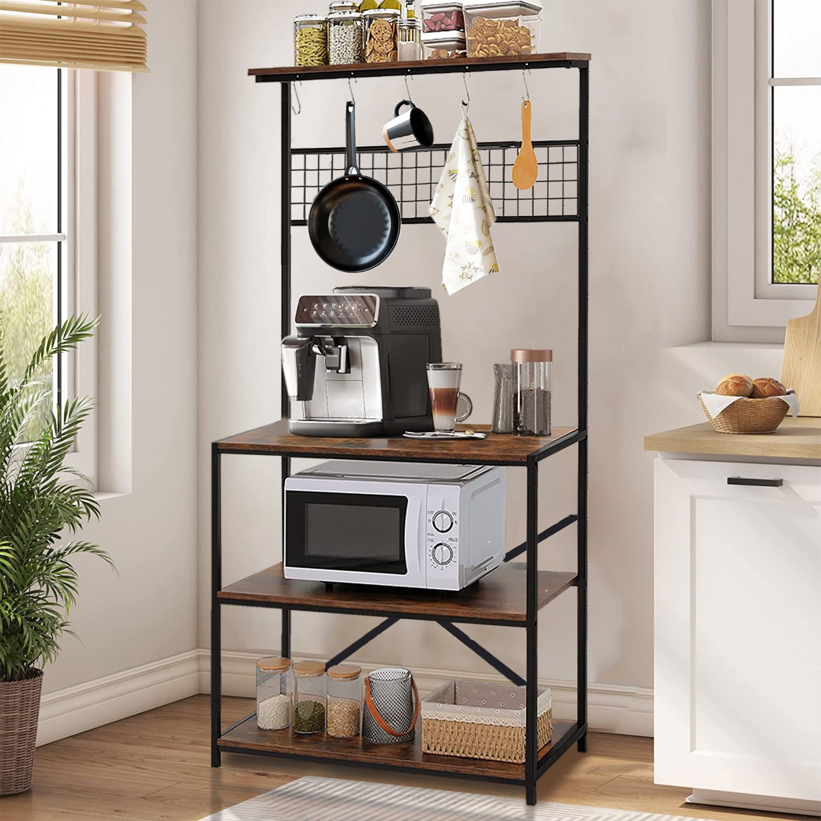 ALPULON 4 Tier Baker's Rack for Kitchens Rack Storage Shelf Cart with Hanging Hooks Brown