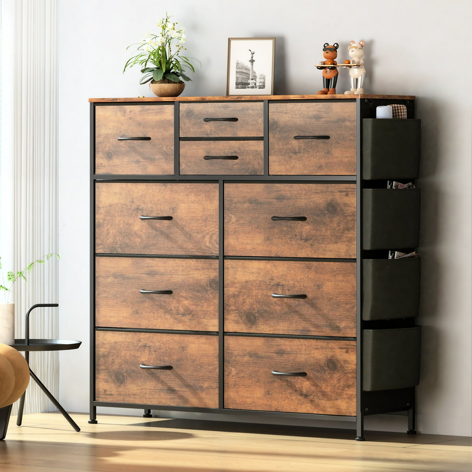ALPULON 10 Drawer Dresser, Chest of Drawers for Bedroom with Side Pockets and Hooks Fabric Storage Dresser Sturdy Steel Frame Wood Top Organizer Unit for Hallway Closet (Brown)
