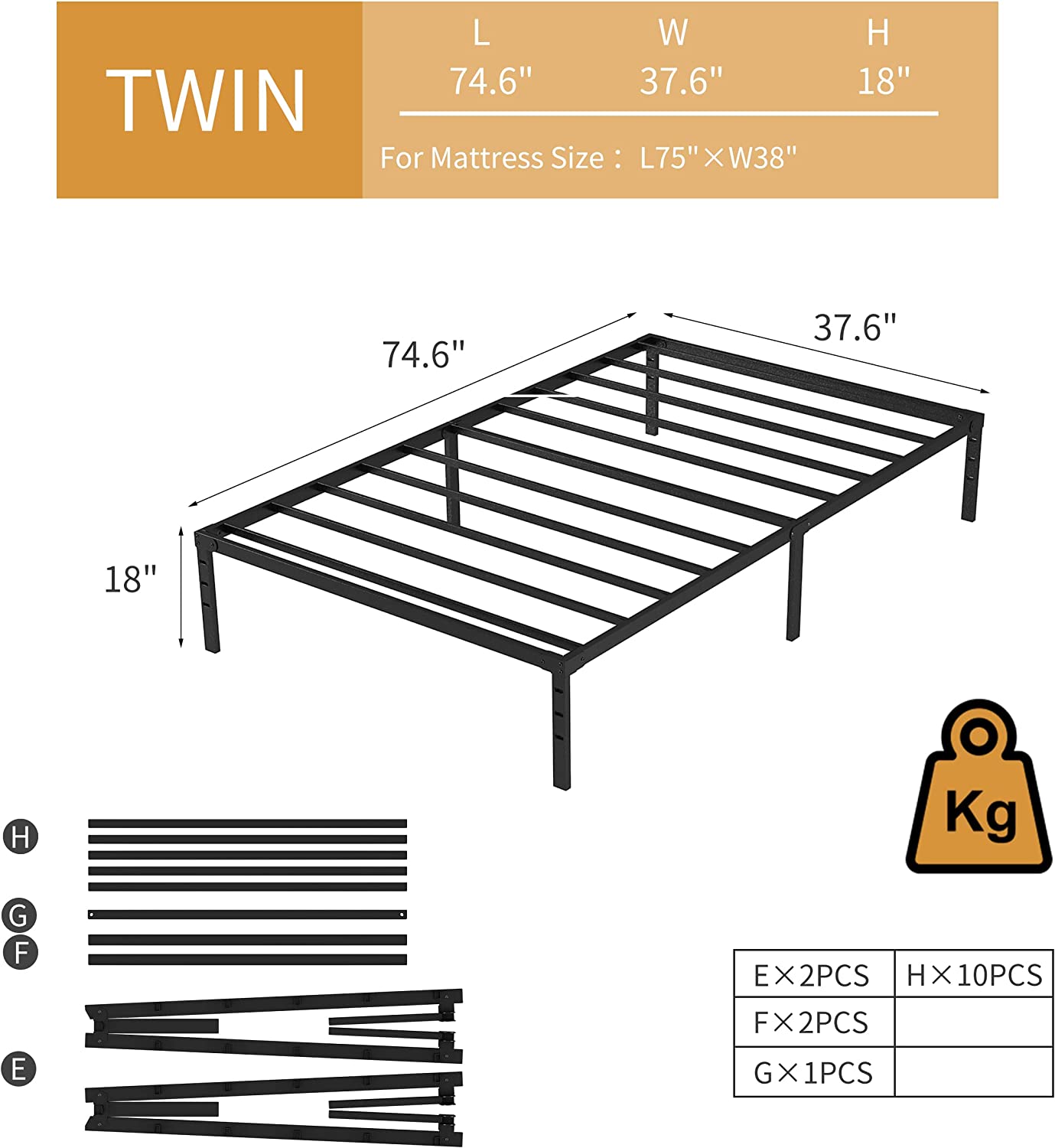 ALPULON Twin Bed Frame, 14 Inch Metal Platform Bed Frame