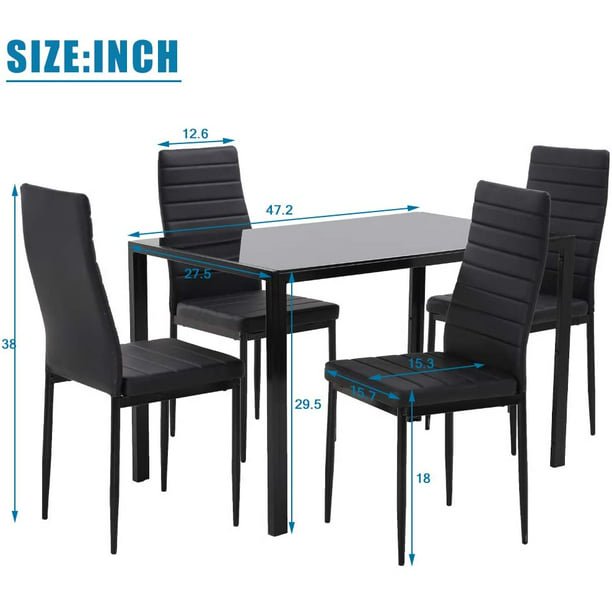 ALPULON 5 Pieces Dining Table Set for 4, Kitchen Room Tempered Glass Dining Table, Black