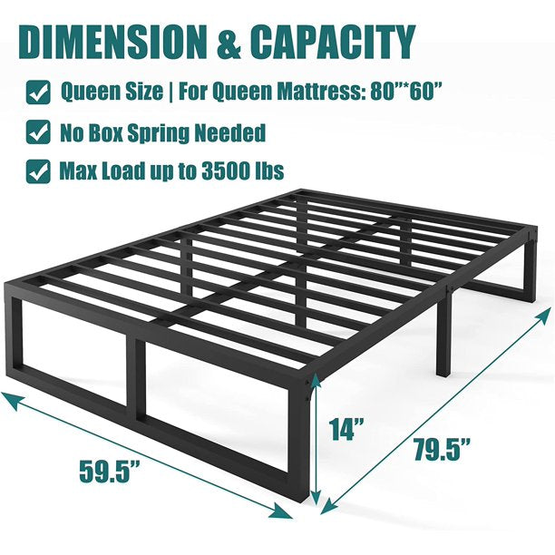 ALPULON 14 Inch Queen Bed Frame,3500 lbs Heavy Duty Metal Platform, Steel Slats Support/No Box Spring Needed/Noise Free/Non-Slip/Easy Assembly