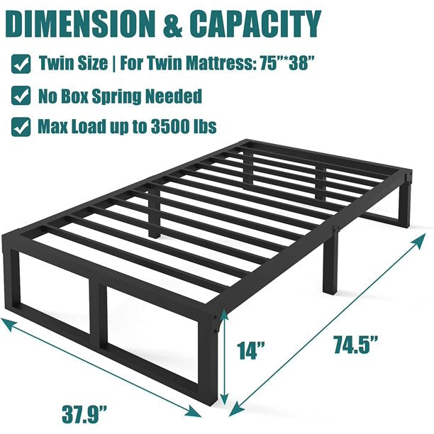 ALPULON Twin Bed Frame, 14 Inch High 3500 lbs Heavy Duty Metal Platform, Mattress Foundation with Steel Slat Support/No Box Spring Needed/Noise Free/Non-Slip/Easy Assembly
